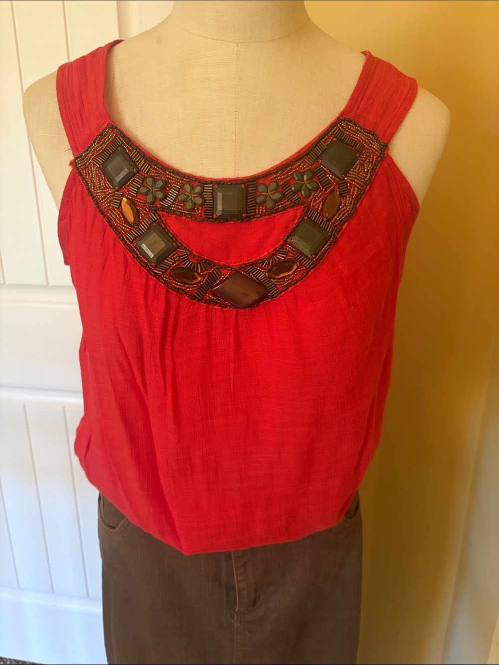 Beaded Red Sleeveless Women's Top